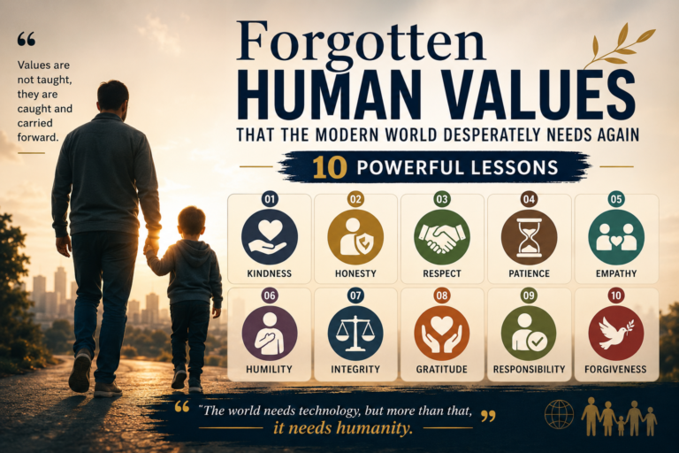 Forgotten Human Values feature image showing timeless values like kindness, honesty, respect, patience, empathy, humility, integrity, gratitude, responsibility, and forgiveness guiding humanity toward a better future.