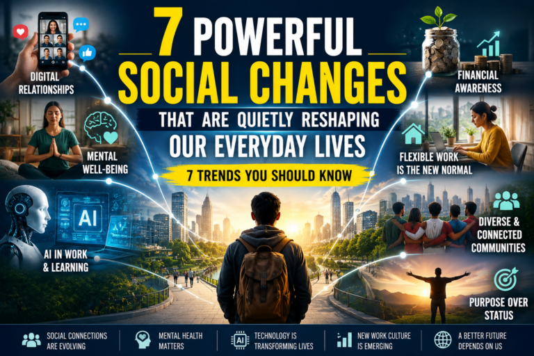 Feature image for Powerful Social Changes showing seven modern trends transforming everyday life, including AI, digital relationships, mental well-being, financial awareness, flexible work, diverse communities, and purpose-driven living.