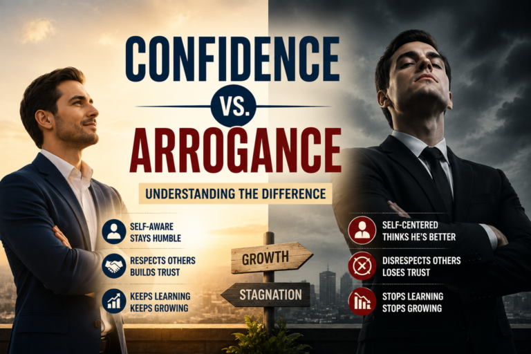 Confidence vs. Arrogance: Understanding the Difference feature image comparing confidence, humility, self-awareness, and arrogance through contrasting personalities and personal growth concepts.