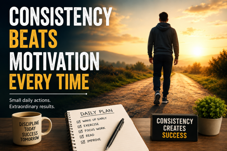 Consistency Beats Motivation Every Time feature image showing a person walking toward the sunrise with a daily planner, symbolizing discipline, consistency, and long-term personal growth.