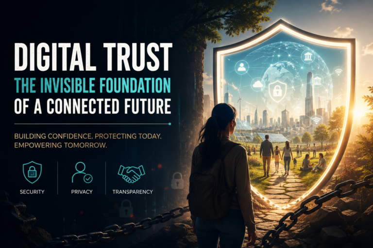 Digital Trust illustrated as the invisible foundation connecting cybersecurity, privacy, transparency, and the future of a connected digital world