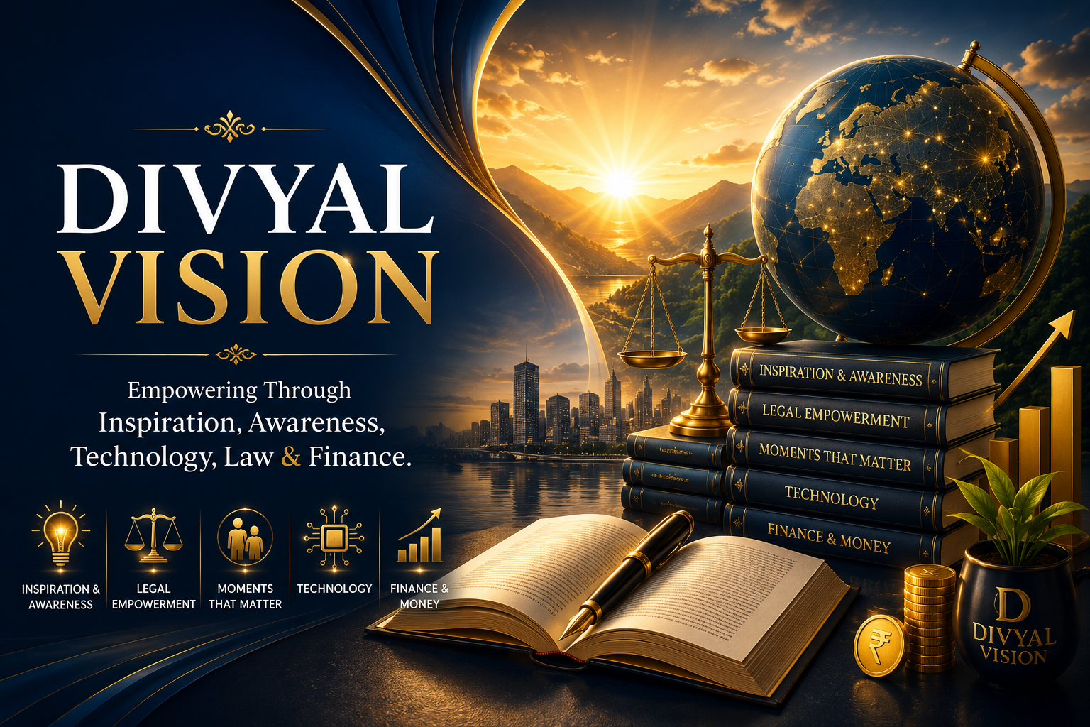 Premium DivyalVision hero banner featuring inspiration and awareness, legal empowerment, moments that matter, technology, and finance with a globe, books, justice scale, and open book.