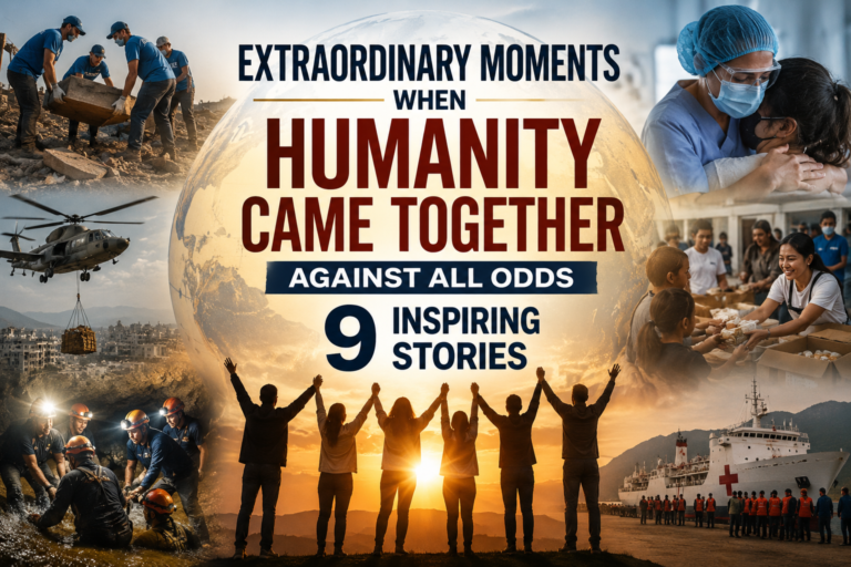 Feature image illustrating extraordinary moments when humanity came together against all odds through compassion, disaster relief, medical support, rescue missions, and global unity.
