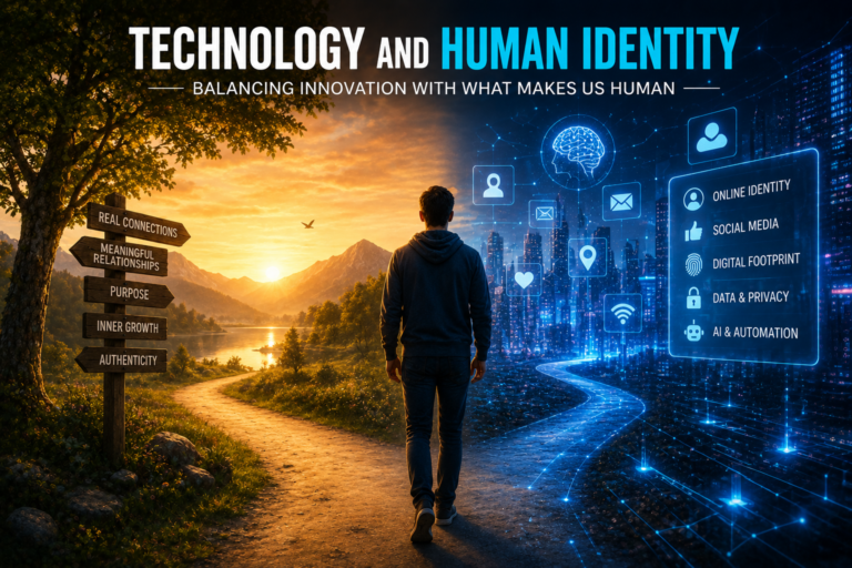 Technology and Human Identity illustrated by a person standing between the natural world and a futuristic digital world