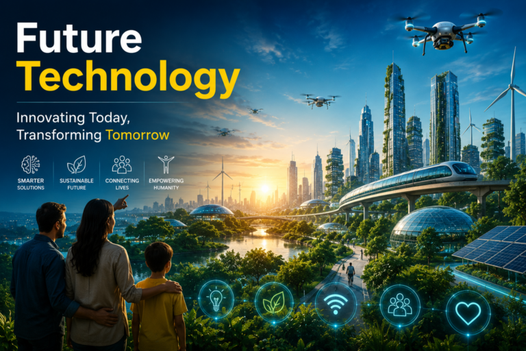 Life Beyond the Screen showing a futuristic smart city powered by artificial intelligence and human-centered technology.