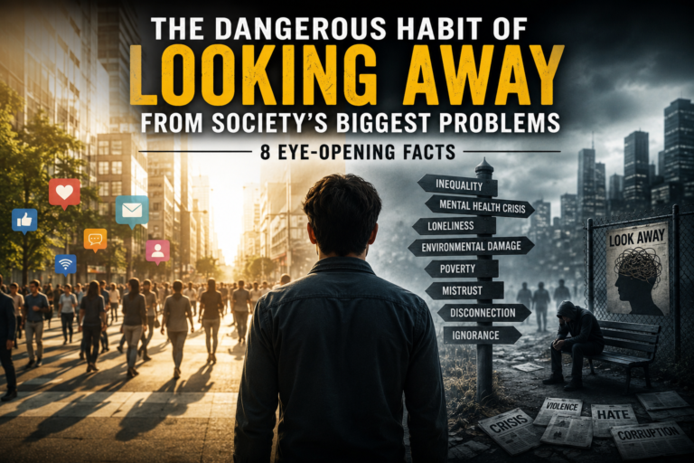 Society's Biggest Problems illustrated through pollution, loneliness, poverty, misinformation, environmental damage, and community responsibility.