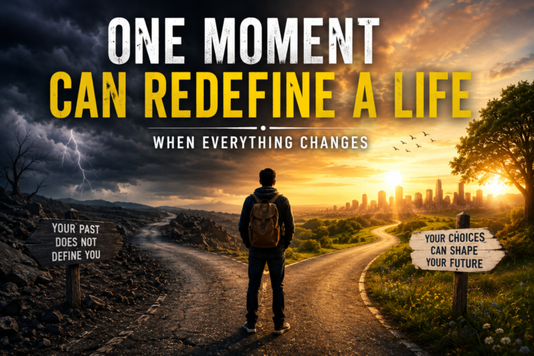 One Moment Can Redefine a Life feature image showing a person standing at a crossroads between a dark past and a bright future, symbolizing life-changing decisions, courage, hope, and new beginnings.