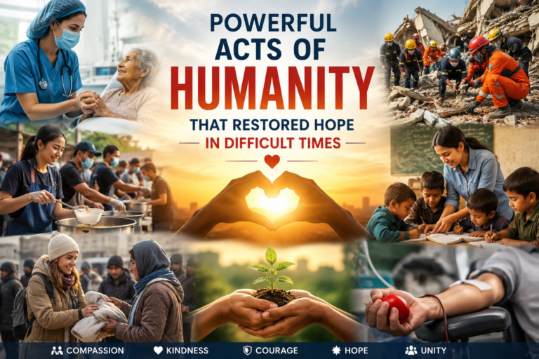 Feature image showing powerful acts of humanity through healthcare workers, disaster rescue teams, volunteers, teachers, blood donors, and environmental care, restoring hope during difficult times.