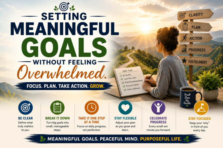 Setting Meaningful Goals Without Feeling Overwhelmed feature image showing goal planning, productivity, focus, personal growth, and step-by-step goal achievement.