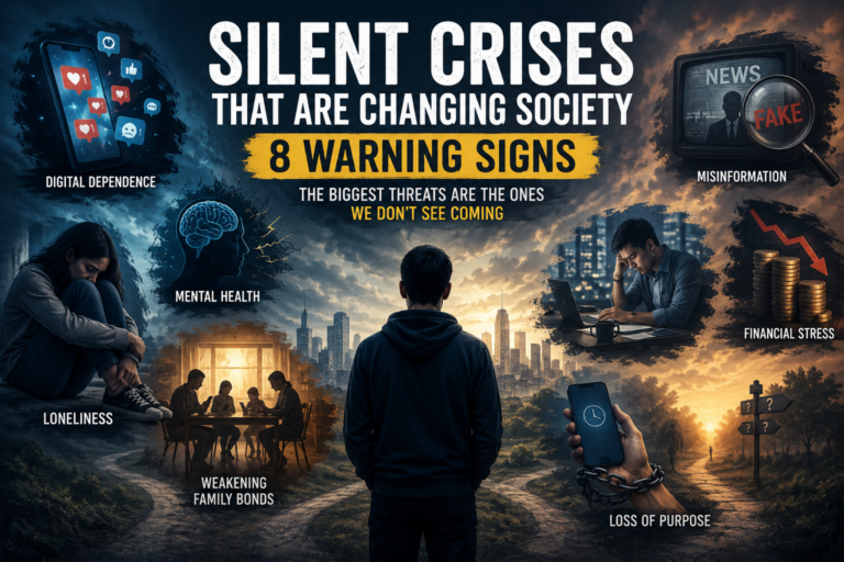 Silent Crises That Are Changing Society with warning signs including loneliness, digital dependence, misinformation, financial stress, and mental health challenges.