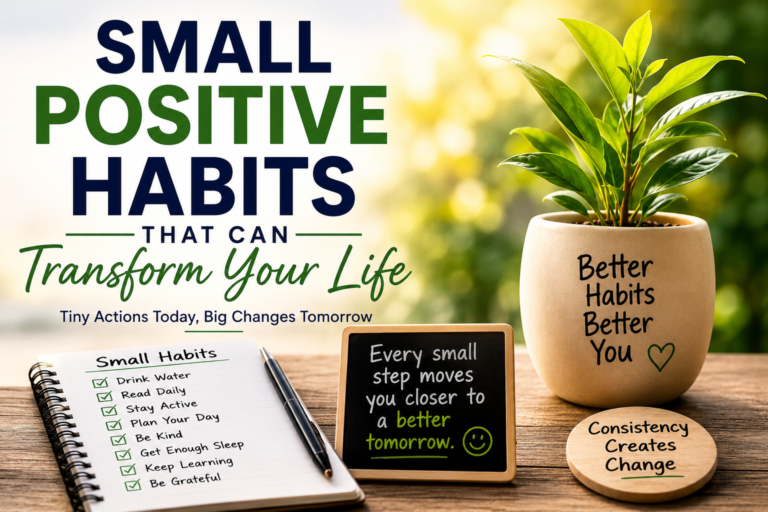 Small Positive Habits That Can Transform Your Life feature image showing a healthy plant, habit tracker, notebook, and motivational message symbolizing personal growth through small daily habits.