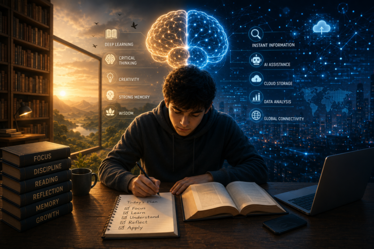 A student balancing human memory and artificial intelligence through deep learning, critical thinking, books, and digital technology in a futuristic study environment.