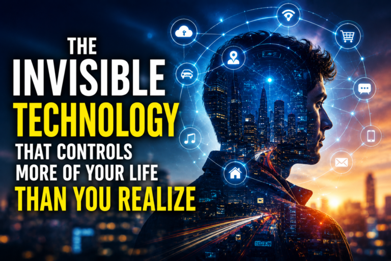 Invisible Technology visualized through a human silhouette connected to digital networks, smart devices, cloud services, location tracking, and hidden systems that quietly influence everyday life.