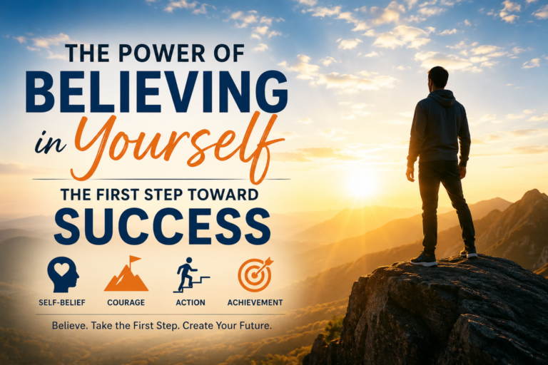 The Power of Believing in Yourself feature image showing a confident person standing on a mountain at sunrise, symbolizing self-belief, courage, personal growth, and the first step toward success.