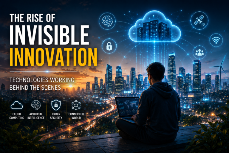 A futuristic smart city connected by cloud computing, artificial intelligence, cybersecurity, and digital infrastructure, illustrating Invisible Innovation working silently behind the scenes to power modern life.