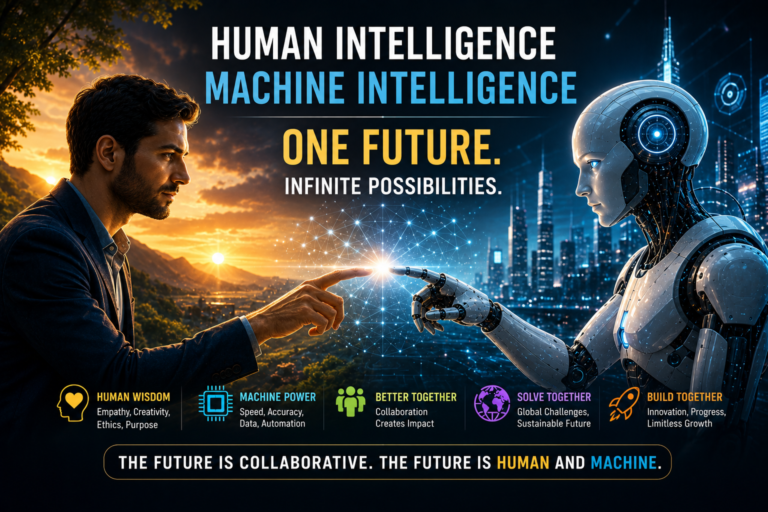 A cinematic illustration of a human and a humanoid robot reaching toward each other across a glowing digital network, representing the future collaboration between human intelligence and machine intelligence.