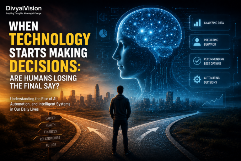 Technology Starts Making Decisions as a human stands at a crossroads facing an AI-powered digital brain that symbolizes intelligent decision-making and the future of human choices.