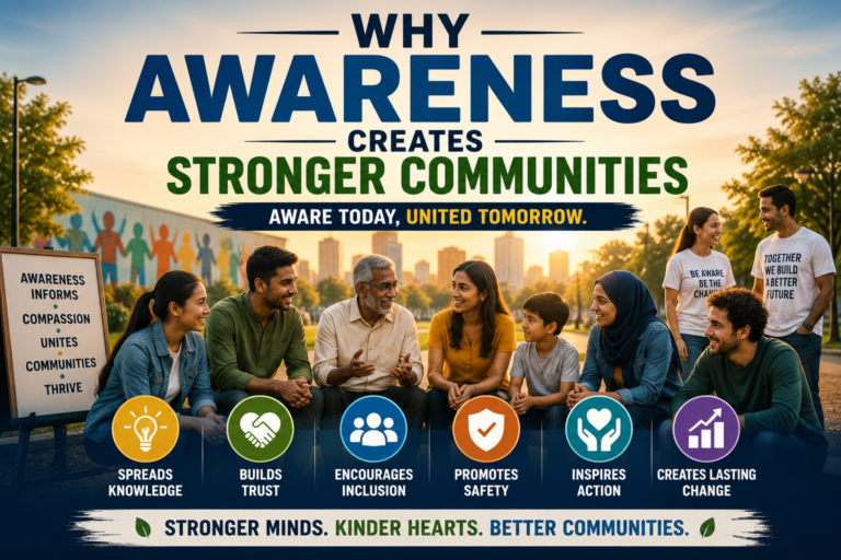 Why Awareness Creates Stronger Communities feature image showing diverse people connecting, promoting community awareness, trust, inclusion, compassion, and positive social change.