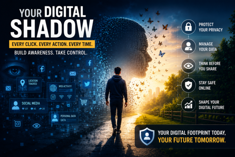 Digital Shadow featured illustration showing a person walking between a dark data-driven digital world and a bright secure future, symbolizing how every online click, search, and interaction shapes an invisible digital identity.