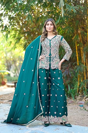 Miss Ethnik Women's Green Chinon Stitched Kurta Palazzo Set
