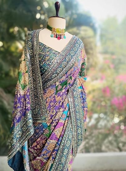 Women's Multicolored Ajrak Digital Printed Mirror Work Saree