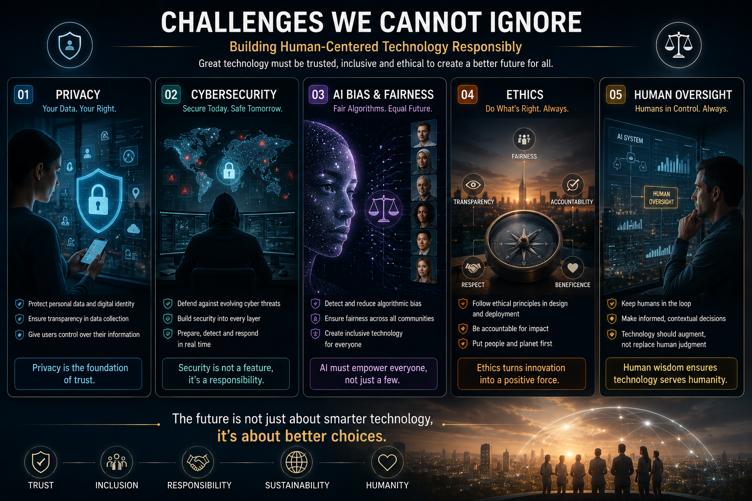 Challenges of Human Centered Technology Privacy Ethics and AI Responsibility