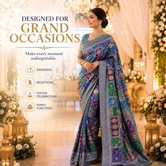 Ajrakh Print Silk Saree with Real Mirror Work and Zari Border