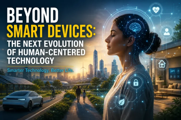 A futuristic city where human-centered technology seamlessly connects AI, smart homes, clean energy, healthcare, and sustainable transportation to improve everyday life while keeping people at the center.