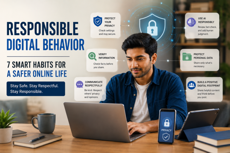 A confident Indian professional using a laptop, smartphone, and tablet while practising responsible digital habits such as protecting privacy, verifying online information, using AI responsibly, and communicating respectfully in a modern workspace.