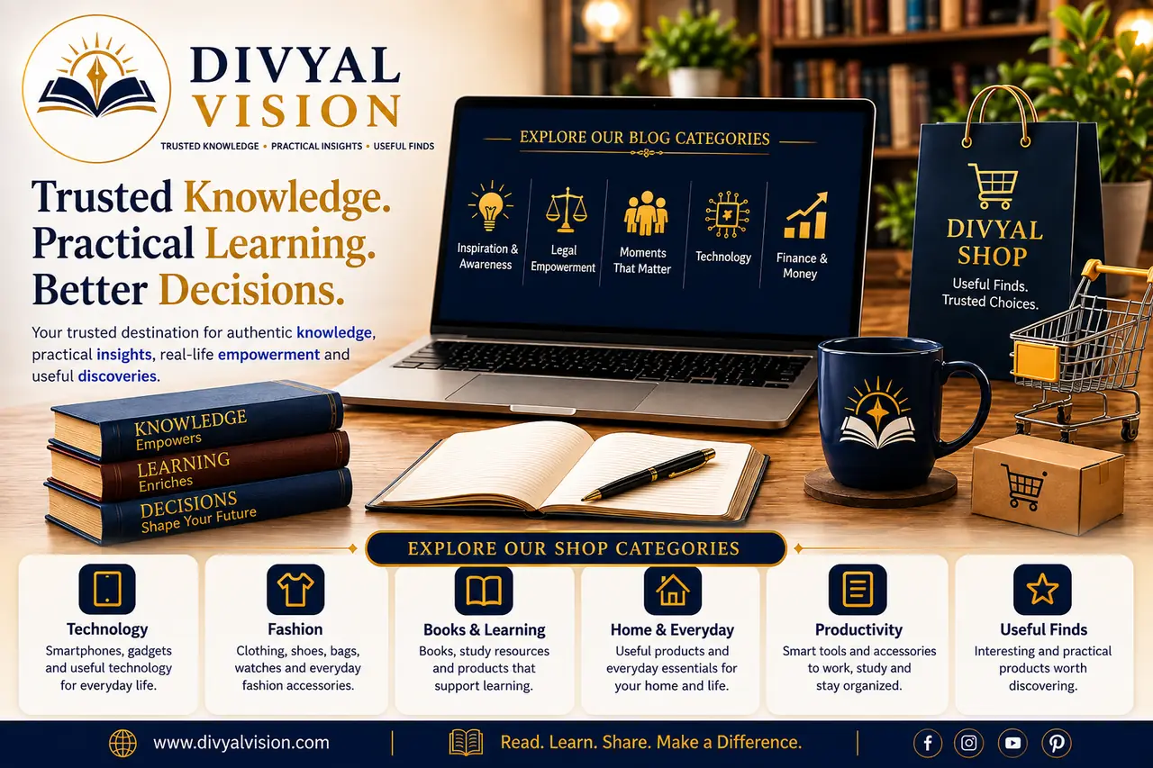 Divyal Vision home hero featuring knowledge, learning, five blog categories and useful product finds.
