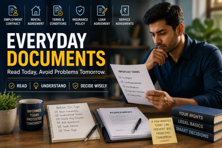 Everyday Documents guide showing an Indian adult reviewing important contracts, agreements and terms before signing.