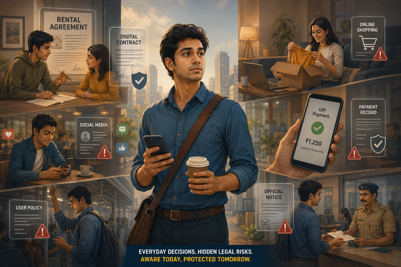 Everyday Legal Risks Hidden in Daily Life Editorial Illustration