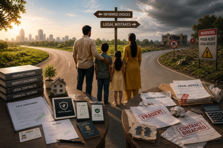 An Indian family standing at a crossroads between informed legal decisions and common legal mistakes, surrounded by legal documents, property papers, digital security tools, and financial warning signs.