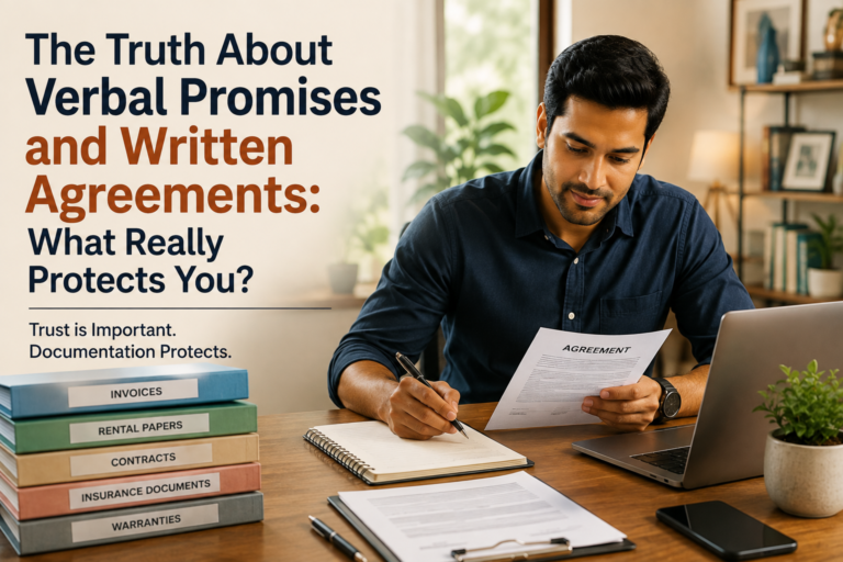 Indian professional reviewing and documenting an agreement while organising important records, illustrating the importance of written agreements, documentation, and legal clarity in everyday life.