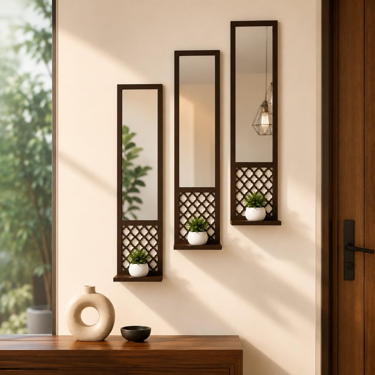 Decorative Wall Acrylic Mirror with Wooden Shelf