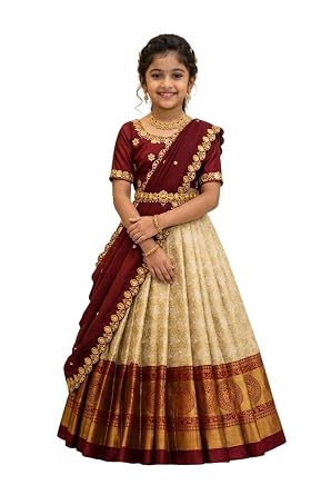 White Button Girls South Indian Half Saree Langa Voni Pattu Pavadai Lehenga Choli