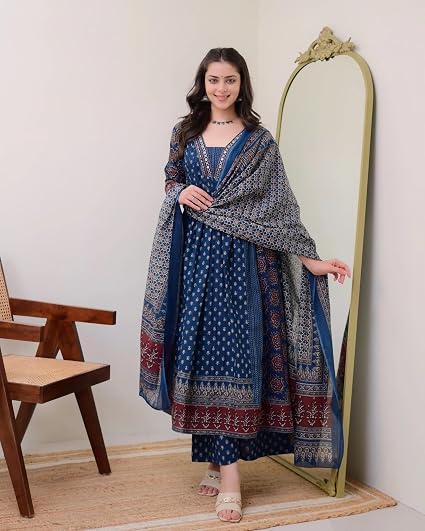 KLOSIA Women's Rayon Printed Anarkali Kurta Pant Dupatta Set