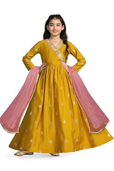 Fashion Dream Girls Chanderi Embroidered Maxi Dress with Dupatta