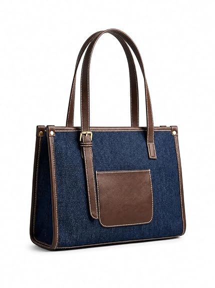 Women's Denim Tote Bag with PU Leather Handles