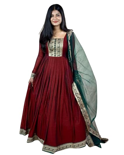 Elegant Vichitra Silk Gown with Jacquard Zari Border and Dupatta