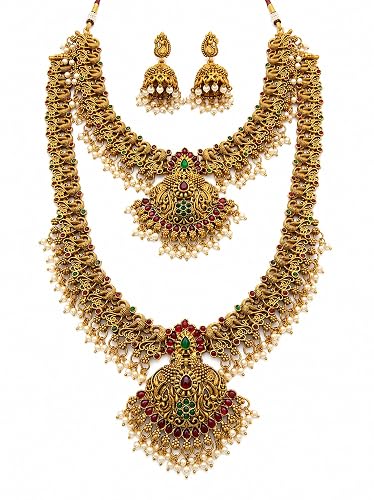 Gold Plated Temple Long Haram Necklace Set for Women