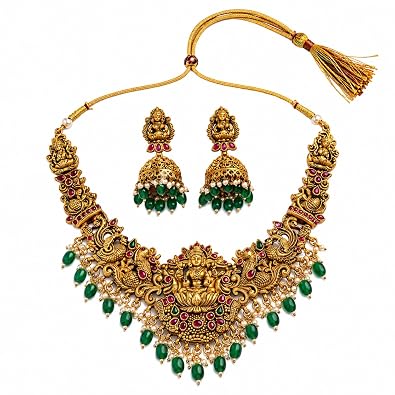 South Indian Temple Jewellery Set Antique Gold Plated Lakshmi Long Necklace