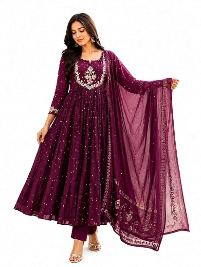 Trayaksh Atelier Women's Cotton Embroidery Anarkali Kurti Pant Dupatta Set