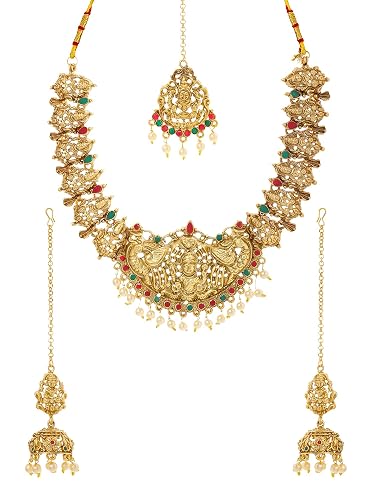 Yellow Chimes Gold Plated Traditional Temple Jewellery Set with Maangtikka