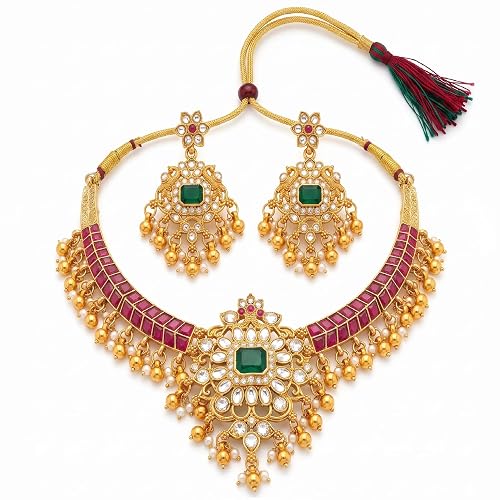 Traditional Maharashtrian Gold Plated Red and Green Stone Necklace Set