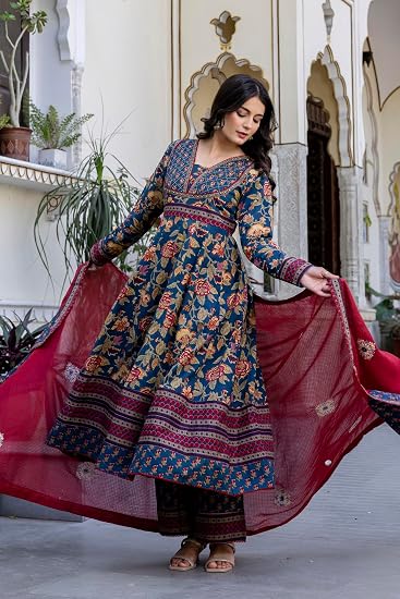 Pistaa's Women's Pure Cotton Anarkali Floral Printed Kurta Set